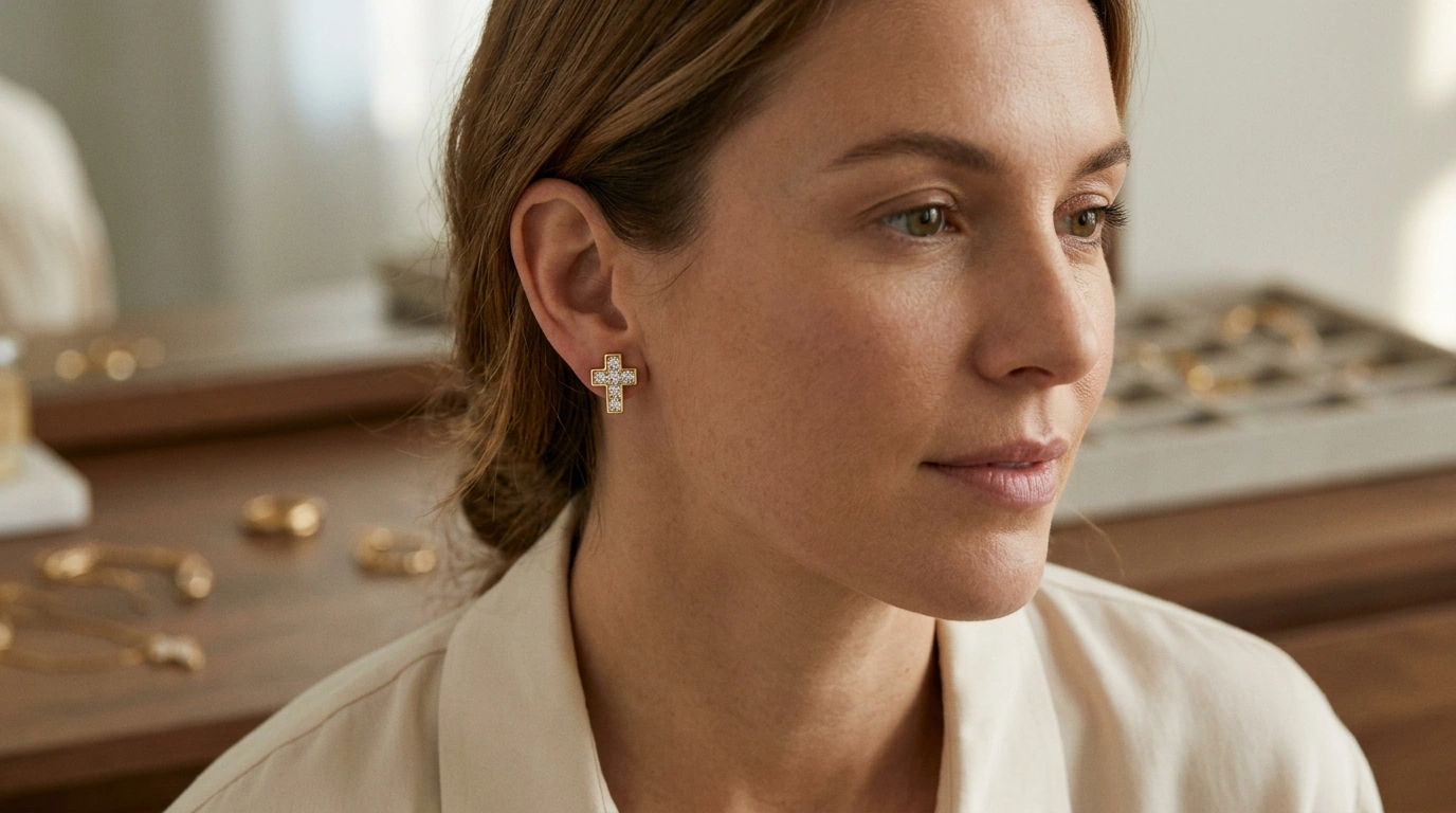 Square Cross Moissanite Studs in Gold-Plated Silver